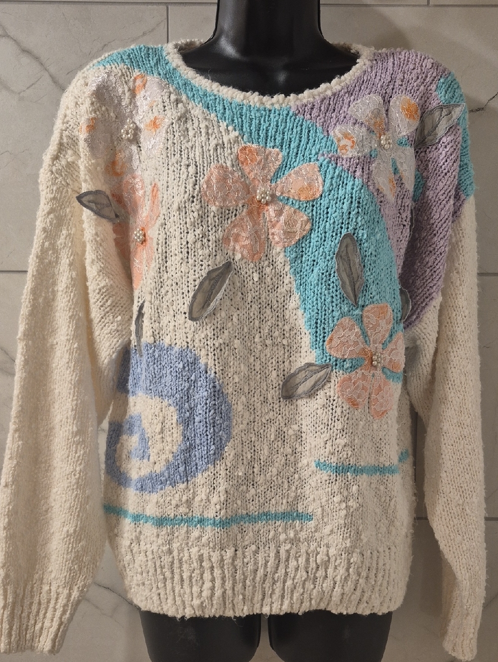 Vintage Crewneck Sweater with Pastel Floral Appliqué